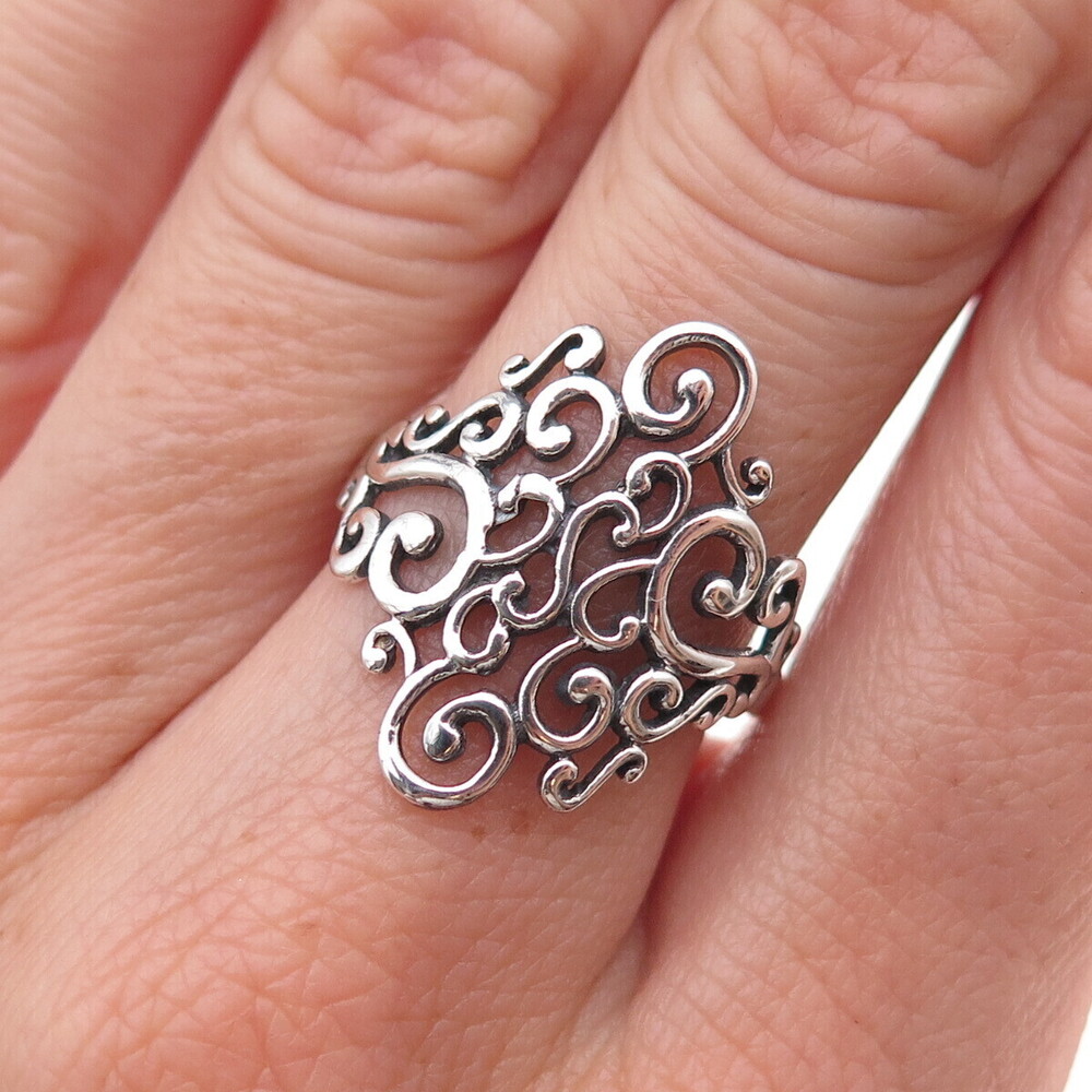 925 Sterling Silver Vintage Floral Scroll Oxidized Ring Size 7.5